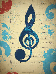 G-clef on music sheet with grunge texture; musical background; poster design