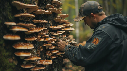 Fototapeta premium man foraging wild mushrooms in forest 
