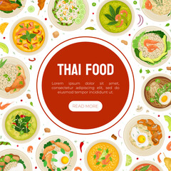 Thai Food Banner Design with Tasty Served Meal Vector Template