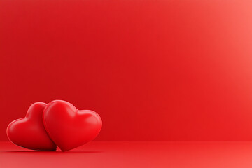 Valentine&rsquo;s day romantic red background featuring two prominent hearts on a solid red surface