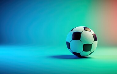 Fototapeta premium An isolated football placed on a futuristic neon green and blue gradient background, vibrant and high contrast