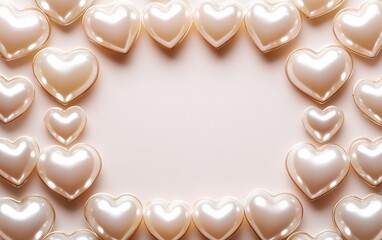 Obraz premium Chic mockup background with space for text featuring glossy pearl hearts arranged in an elegant symmetrical pattern for a refined aesthetic for Saint Valentines Day and 8 March