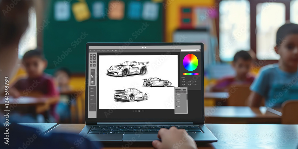 Poster electric car design software on computer screen showing simulation blueprint brisk by digital calcul