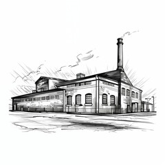 Old retro factory, angled view, badge, simple black and white sketch on a white background, picture, image for printing on a T-shirt, without people, furniture