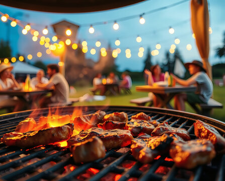 Evening barbecue party with delicious grilled chicken and sparkling lights under the twilight sky