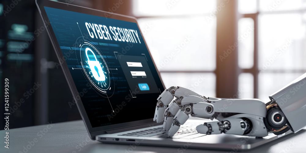 Poster cyber security system on computer screen protect private information brisk from hacker and cyber att