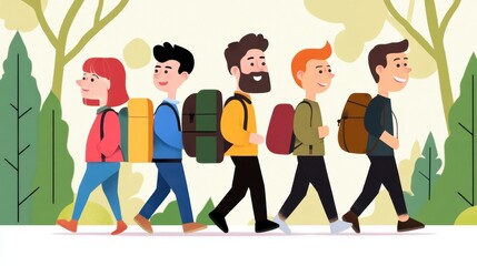 Group of Friends Hiking in Nature with Colorful Backpacks