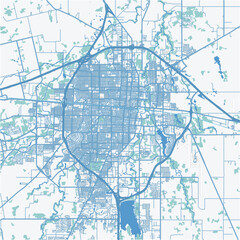Map of Abilene in Texas in a professional blue style. Contains layered vector with roads water, parks, etc.