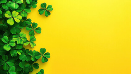 Background of green clovers against a yellow background for a Saint Patrick's Day themed advertisement.
