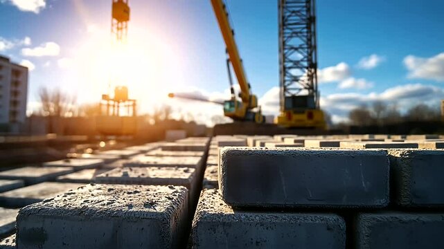Close-up of interlocking concrete blocks with sharp edges and clean lines, with a crane visible in the distance and sunlight enhancing their rugged texture.