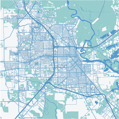Map of Beaumont in Texas in a professional blue style. Contains layered vector with roads water, parks, etc.