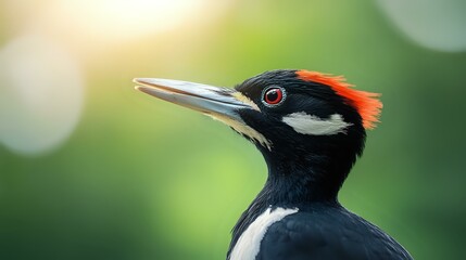 Close-up portrait of male Ivory-billed Woodpecker with distinctive red crest and black plumage against blurred green natural background, wildlife photography.