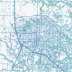 Map of Denton in Texas in a professional blue style. Contains layered vector with roads water, parks, etc.