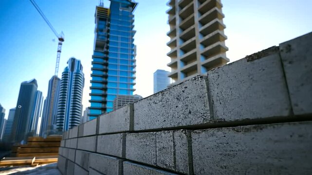 Detailed shot of interlocking concrete blocks forming a sturdy wall, set against a backdrop of a clear blue sky and partially constructed buildings.