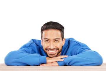Happy man, thinking and wonder on face for ideas, brainstorming or dream by table. Asian person, resting and excited by desk on isolated or transparent png background for choice, decision or option