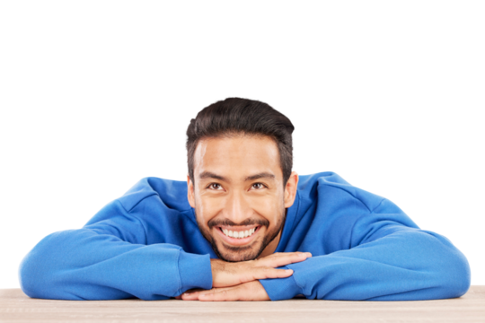 Happy man, thinking and wonder on face for ideas, brainstorming or dream by table. Asian person, resting and excited by desk on isolated or transparent png background for choice, decision or option