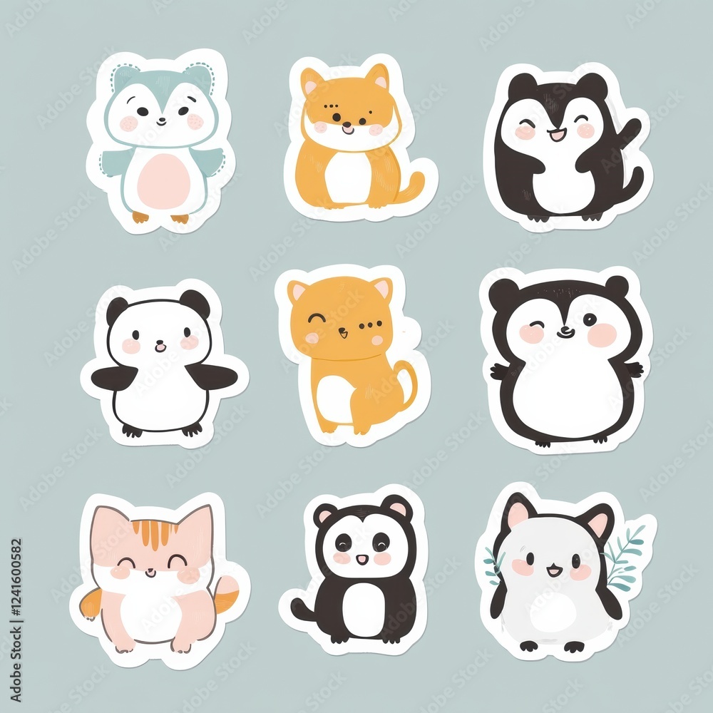 Poster Cute cartoon animal stickers featuring various playful designs and friendly expressions on a soft background. Generative AI