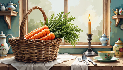 Vintage carrot basket in nostalgic kitchen with candlelight, Easter cheer