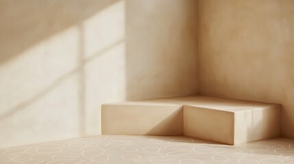 Beige corner display, sunlit room
