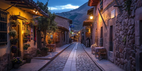 Fototapeta premium At night In the evening the streets of Pisac are f_001