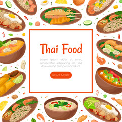 Thai Food Banner Design with Tasty Served Meal Vector Template