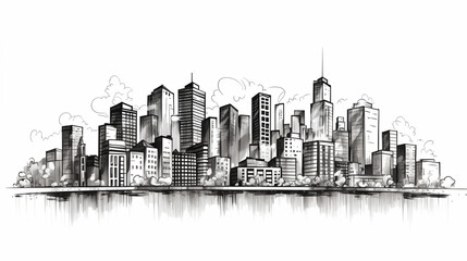 Fototapeta premium City, front view, an icon, a simple black and white sketch isolated on a white background, without people, a picture, image for printing on a T-shirt