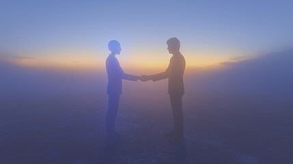Fototapeta premium A handshake between a human man and an AI Agent symbolizing teamwork and agentic collaboration using autonomy and autonomous processes for workforce success