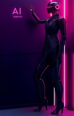 A beautiful female AI Agent at an agency symbolizing autonomy and success through agentic collaboration as a team working with humans