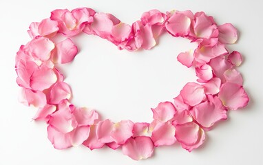 Dreamy mockup background with space for text designed with soft pink rose petals forming a heart shape on a clean white surface for Saint Valentines Day and 8 March International Womens Day
