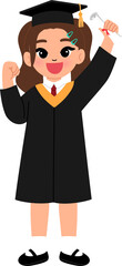 happy young female graduate holding diploma up and raising fist for commencement illustration