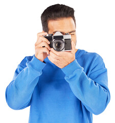 Fototapeta premium Photographer, man and retro camera for photoshoot, content creation and paparazzi magazine isolated on transparent png background. Guy, journalist or photography with lens for creative art production