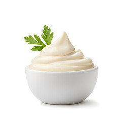 Mayonnaise with parsley in a ceramic dip bowl isolated on a white background