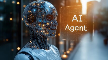 Fototapeta premium A humanoid AI Agent robot and a holgram symbolizing collaboration in business and teamwork using agentic technology and autonomy to create AGI efficiency