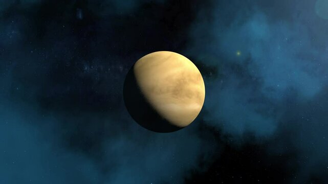 Slow zoom to the dead planet of Venus in our solar system, rotating in a clockwise direction.  	
