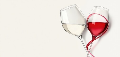 Two elegantly styled wine glasses, one filled with red wine and the other with white, intertwined by a flowing ribbon.