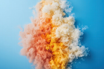 Colorful powder cloud swirling in the air against a blue backdrop during an art or festival event