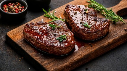Juicy steaks garnished with herbs, served on a wooden board, with spices in the background. A feast for meat lovers.