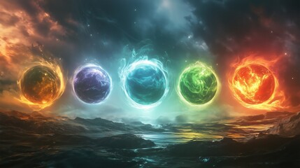 Five glowing planets in a dark landscape