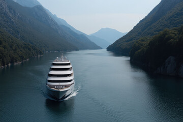 A large cruise ship is sailing down a river