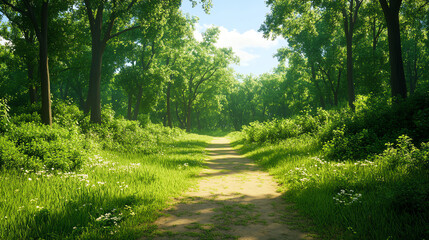 Obraz premium A forest path illuminated by dappled sunlight, symbolizing mindfulness practices, wide-angle, serene tones