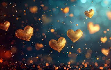 Luxury mockup background with space for text featuring a soft-focus bokeh effect with floating golden hearts for a dreamy and sophisticated atmosphere for Saint Valentines Day 
