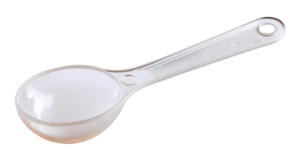 Empty white plastic measuring spoon on transparent background