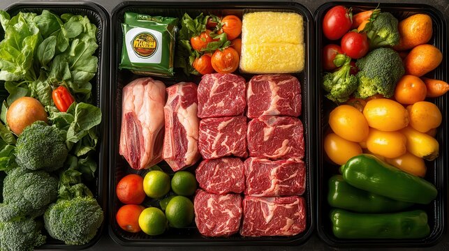 fresh halal food and grocery. Fresh produce and meats arranged in black trays for meal preparation.