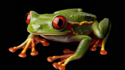 Close-up of a vibrant green tree frog with striking red eyes.