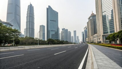 Empty asphalt road passing through the heart of a modern city amidst towering skyscrapers and office buildings, modern cityscape, steel and glass, concrete highway