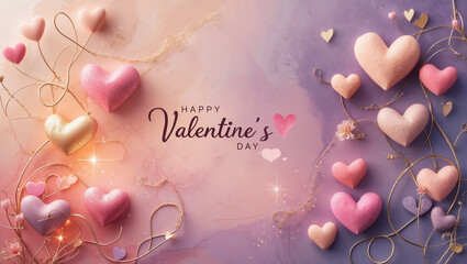 Happy Valentine's Day text with a beautiful romantic pink background featuring fluffy colorful hearts. Love concept, February 14 Valentine's Day greeting card banner template.