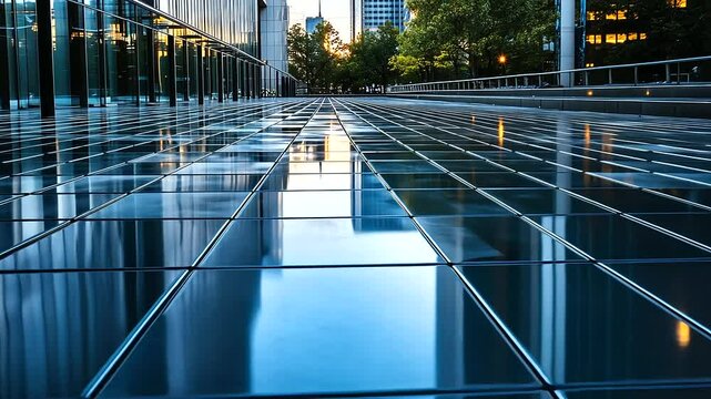 Polished steel beams arranged in parallel lines, their reflective surfaces gleaming under the midday sun at an urban construction site.