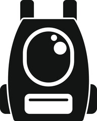 Black simple backpack with pocket and big round window showing bubbles inside, isolated vector illustration