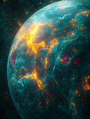 Glowing exoplanet, cosmic background, fiery surface, space exploration, science fiction art