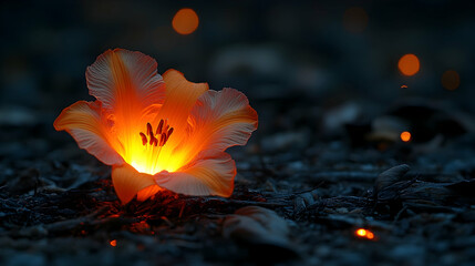 Glowing flower at night, embers background, nature scene, website banner